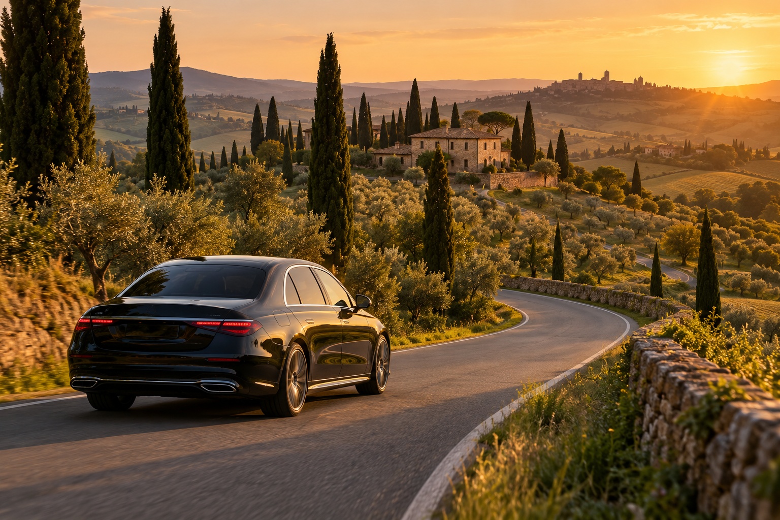 Berlina nera su una strada tra le colline toscane al tramonto
