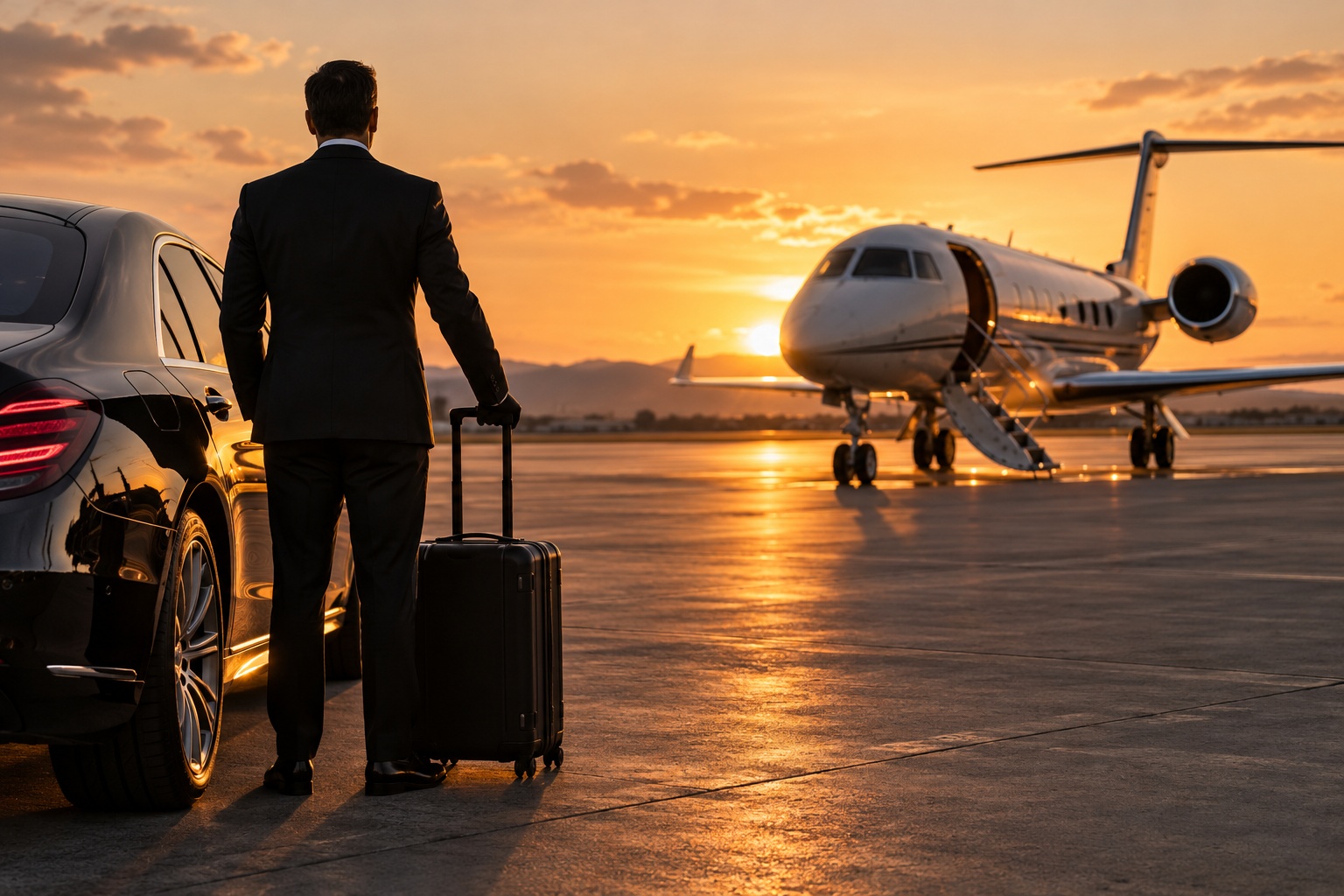 Autista accanto a una berlina nera su una pista aeroportuale al tramonto
